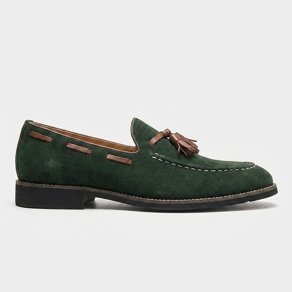 Cortona Suede Loafers — Forest, side profile studio view