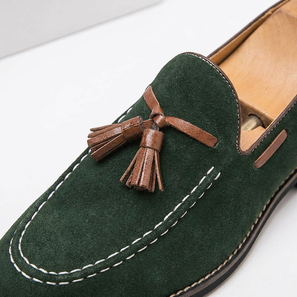 Cortona Suede Loafers — Forest, close-up tassel and contrasting tassel