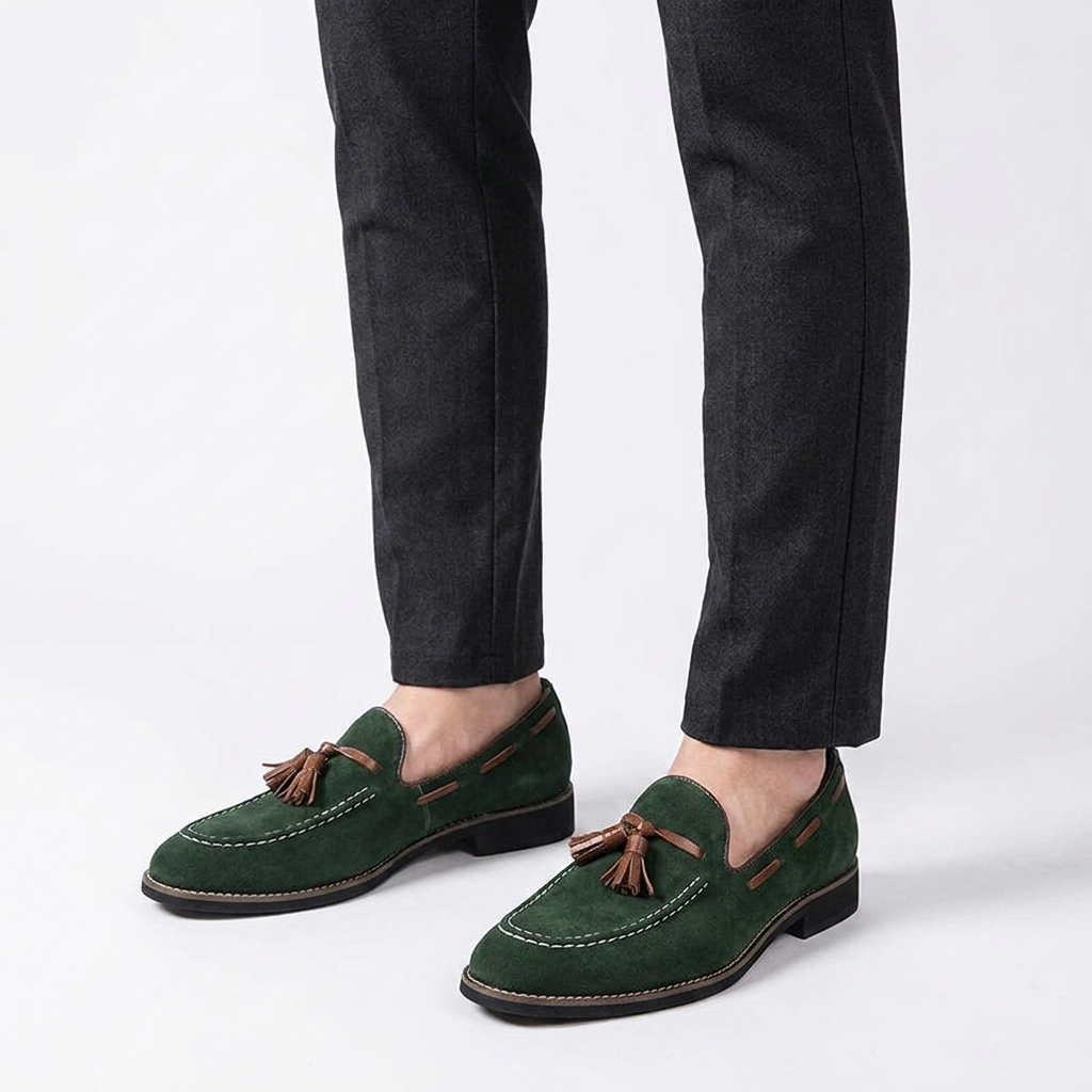 Cortona Suede Loafers — Forest, knee-down studio male model