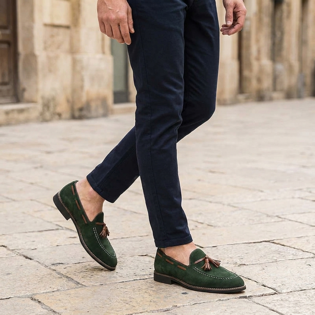 Cortona Suede Loafers — Forest, knee-down lifestyle cobblestone