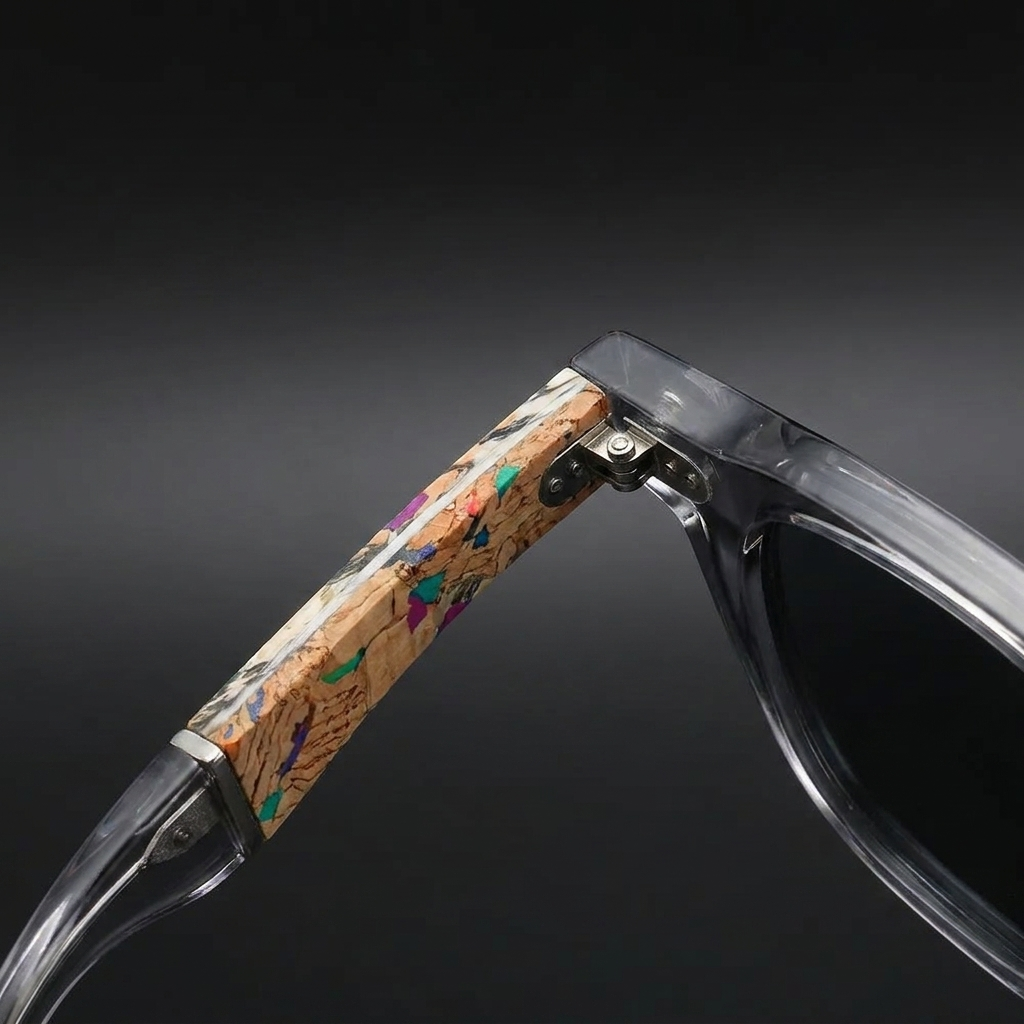 Sirolo Cork Sunglasses — Grey, cork arm detail