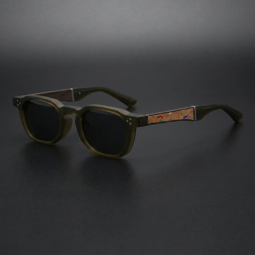 Sirolo Cork Sunglasses — Olive, three-quarter studio view