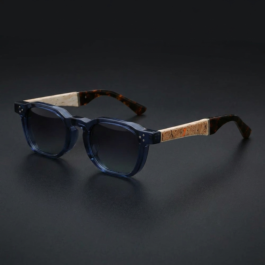 Sirolo Cork Sunglasses — Blue, three-quarter studio view