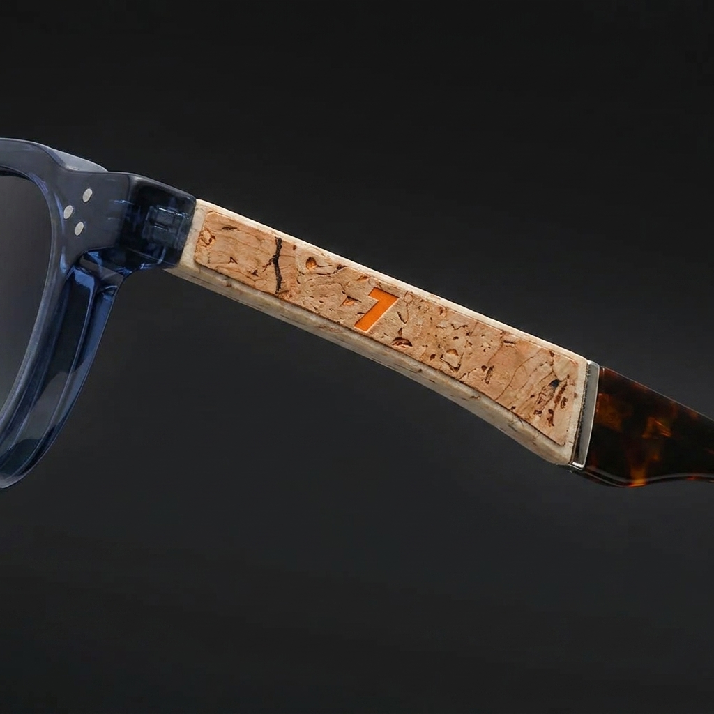 Sirolo Cork Sunglasses — Blue, cork arm detail