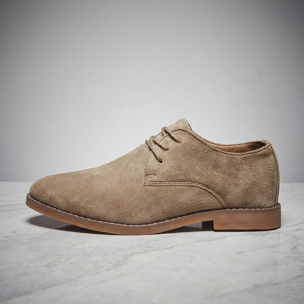 Lecce Suede Oxfords — Khaki, side profile on marble