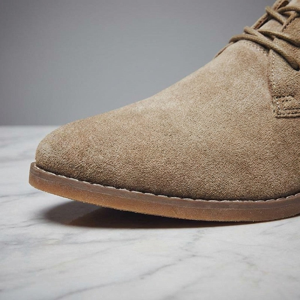 Lecce Suede Oxfords — Khaki, construction detail crop
