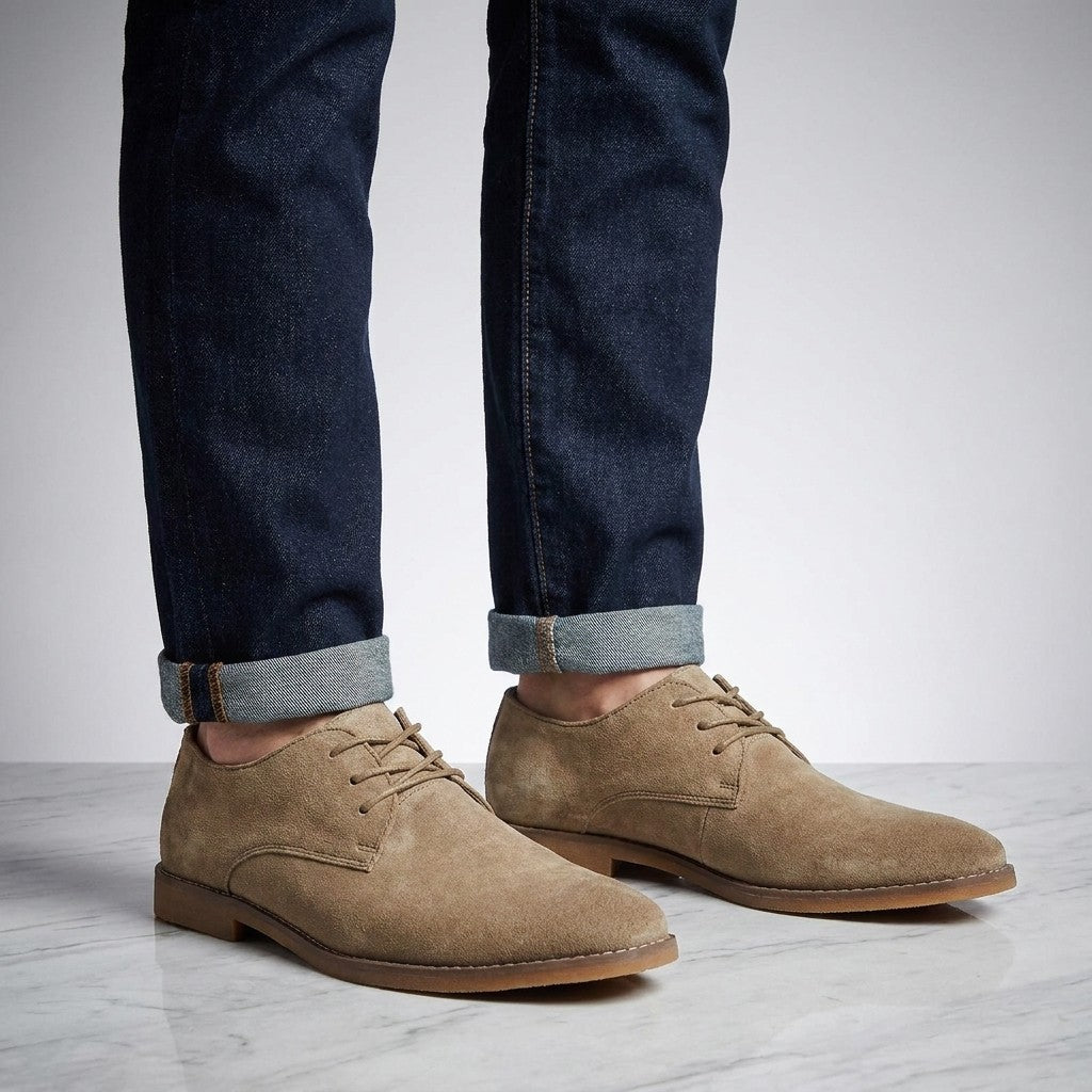 Lecce Suede Oxfords — Khaki, on-model knee-down studio