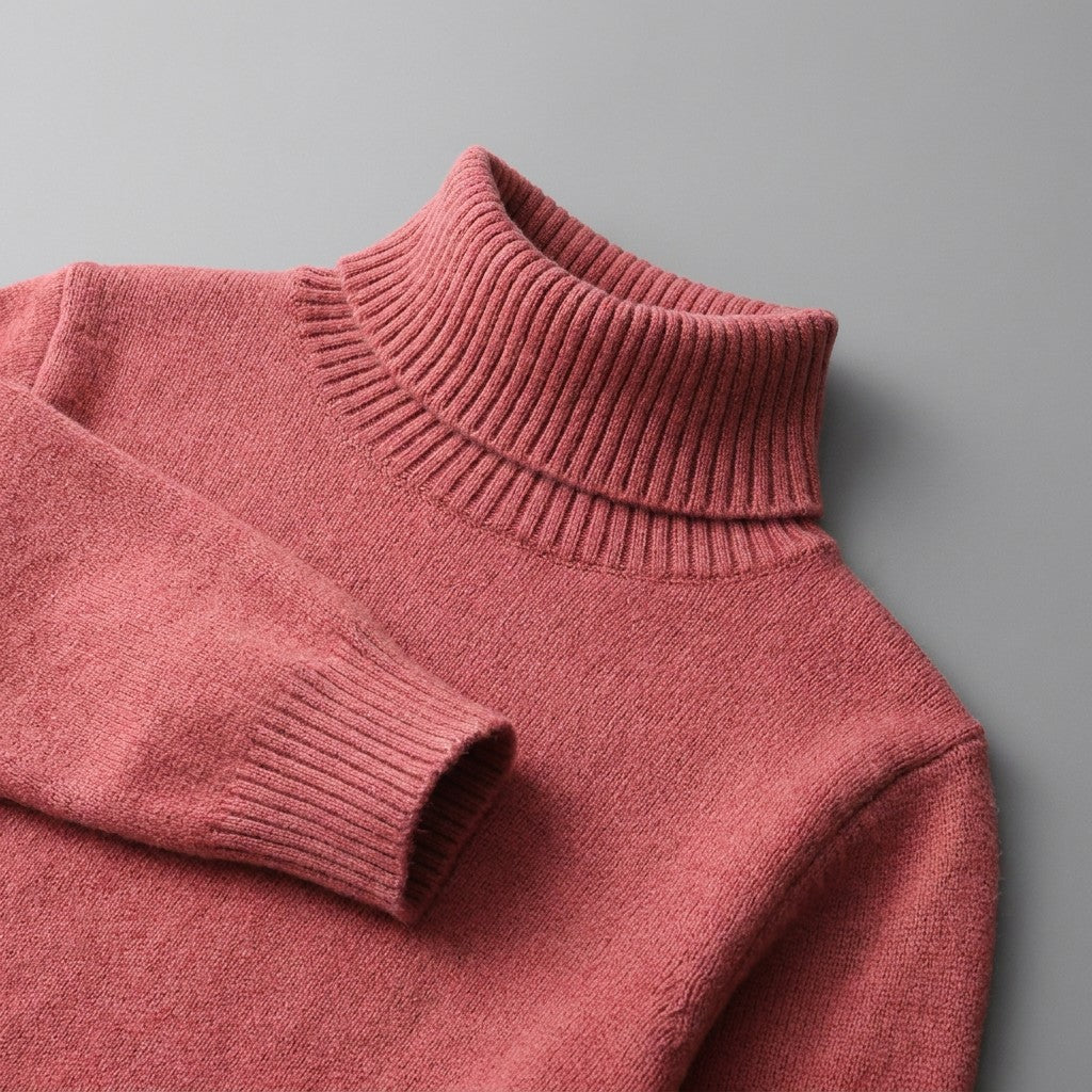 Macerata Merino Wool Turtleneck — Coral Red, close-up of the ribbed collar, knit and cuff