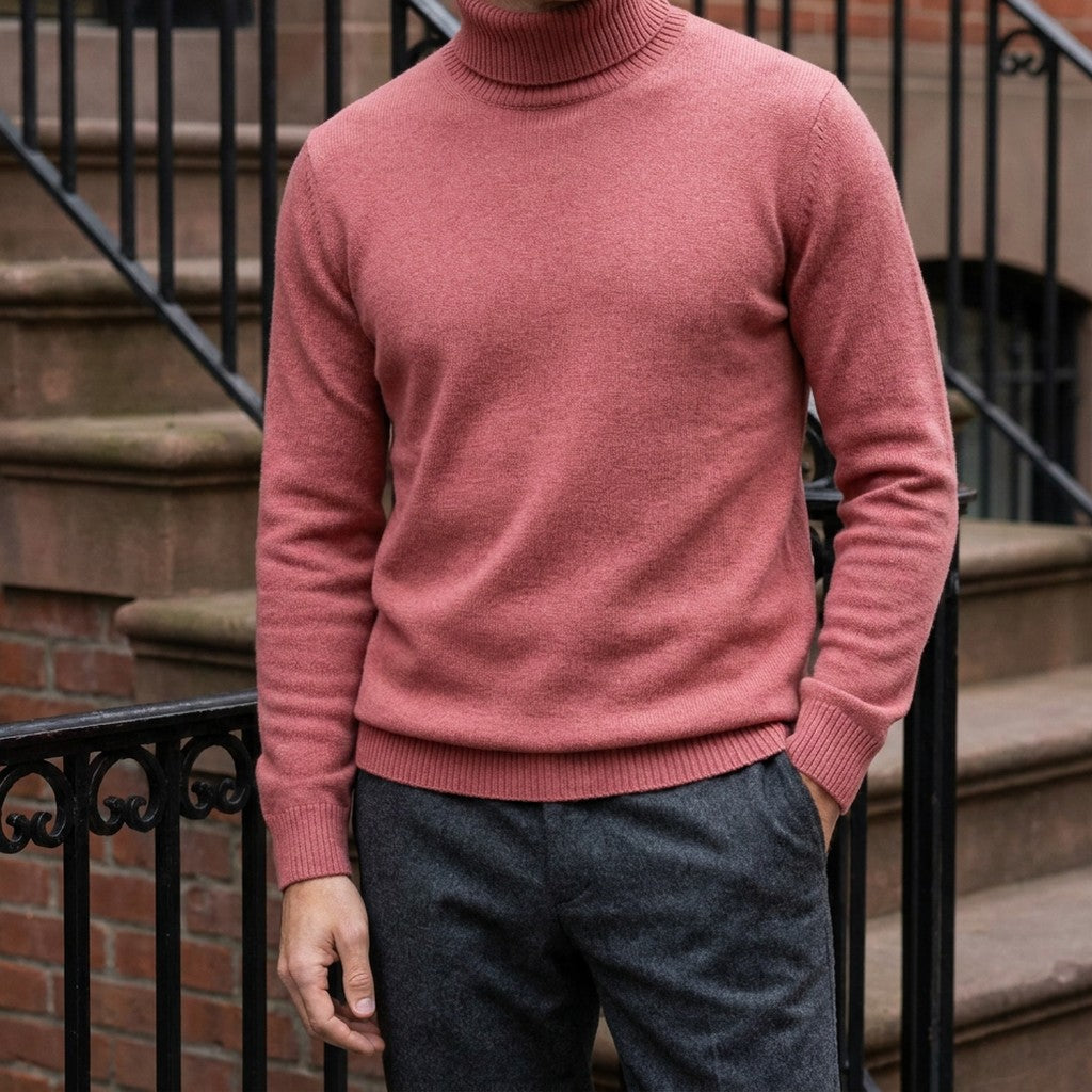Macerata Merino Wool Turtleneck — Coral Red, worn on a brownstone stoop