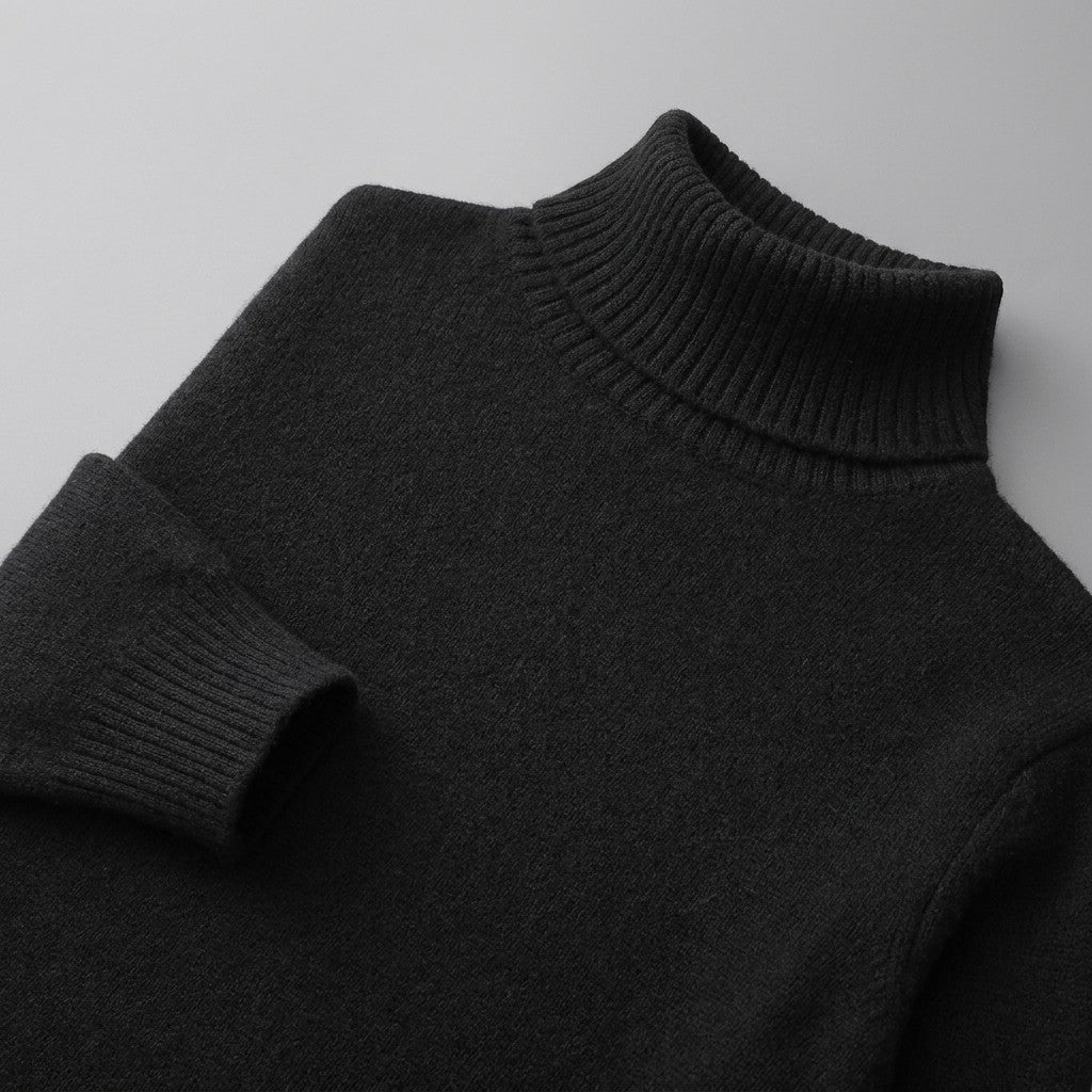 Macerata Merino Wool Turtleneck — Black, close-up of the ribbed collar, knit and cuff