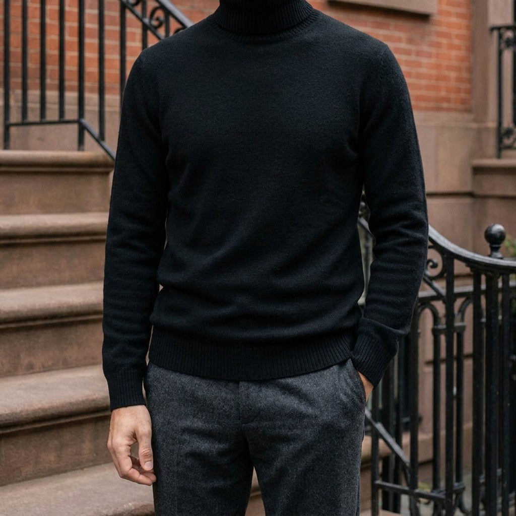 Macerata Merino Wool Turtleneck — Black, worn on a brownstone stoop