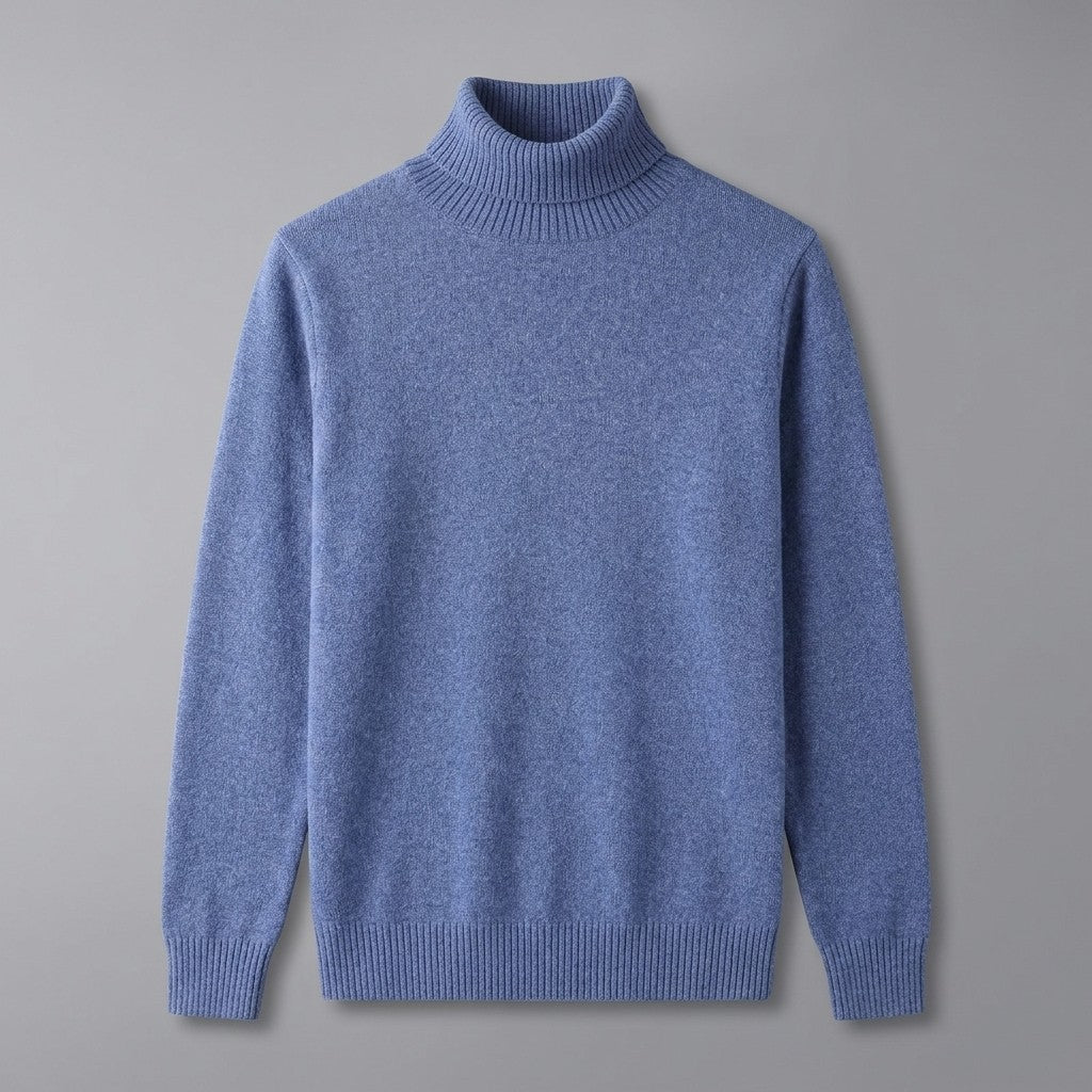 Macerata Merino Wool Turtleneck — Cornflower Blue, front flat lay on grey