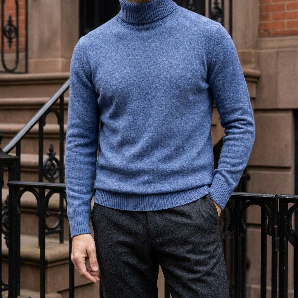 Macerata Merino Wool Turtleneck — Cornflower Blue, worn on a brownstone stoop