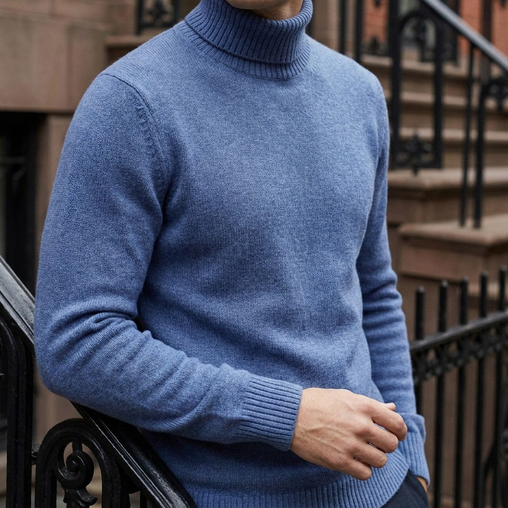 Macerata Merino Wool Turtleneck — Cornflower Blue, worn close-up of the cuff and knit