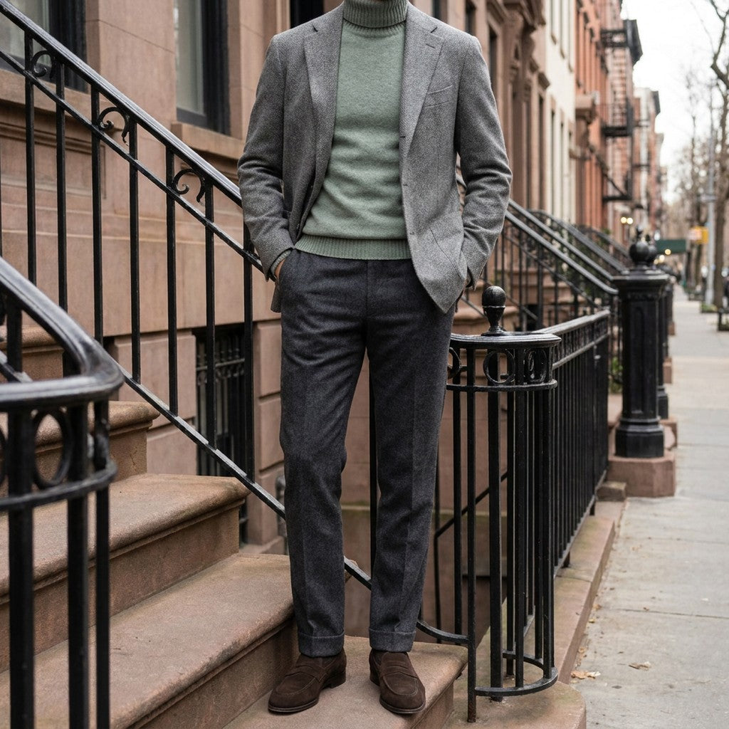 Macerata Merino Wool Turtleneck — Sage, worn under a grey blazer with charcoal trousers