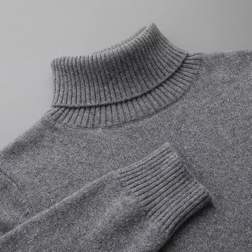 Macerata Merino Wool Turtleneck — Charcoal, close-up of the ribbed collar, knit and cuff