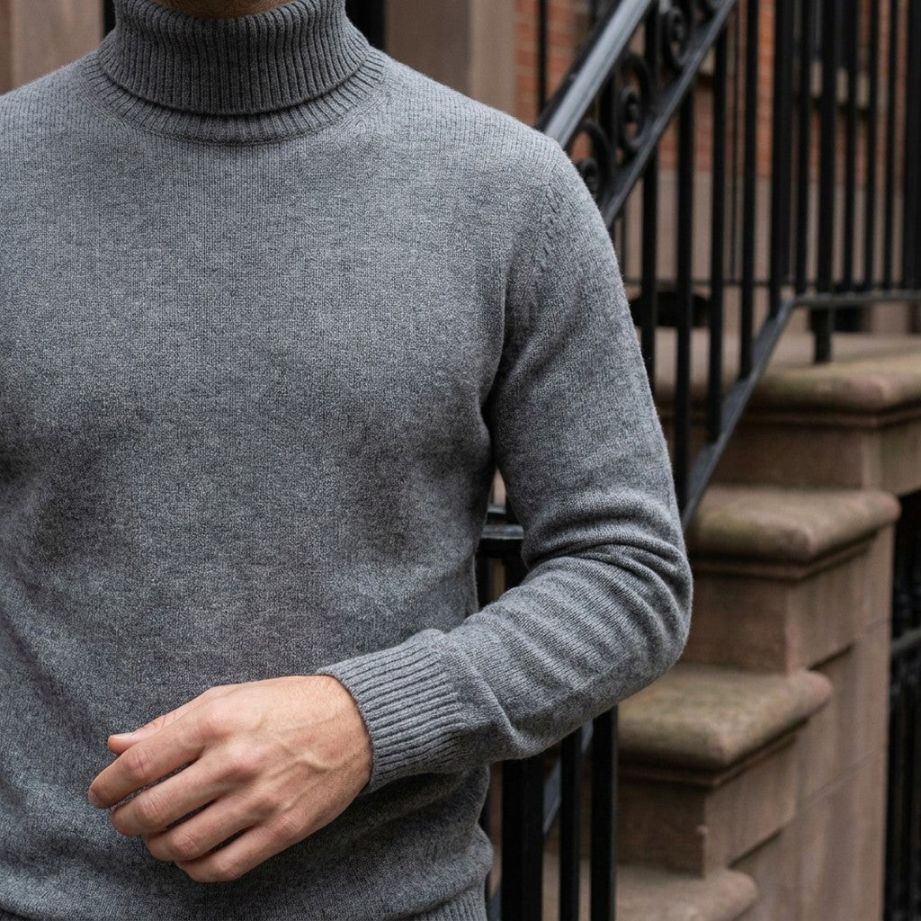 Macerata Merino Wool Turtleneck — Charcoal, worn close-up of the cuff and knit