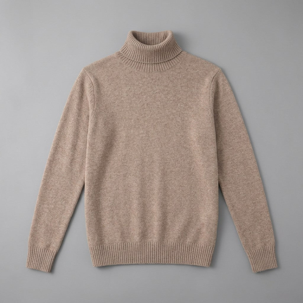 Macerata Merino Wool Turtleneck — Camel, front flat lay on grey