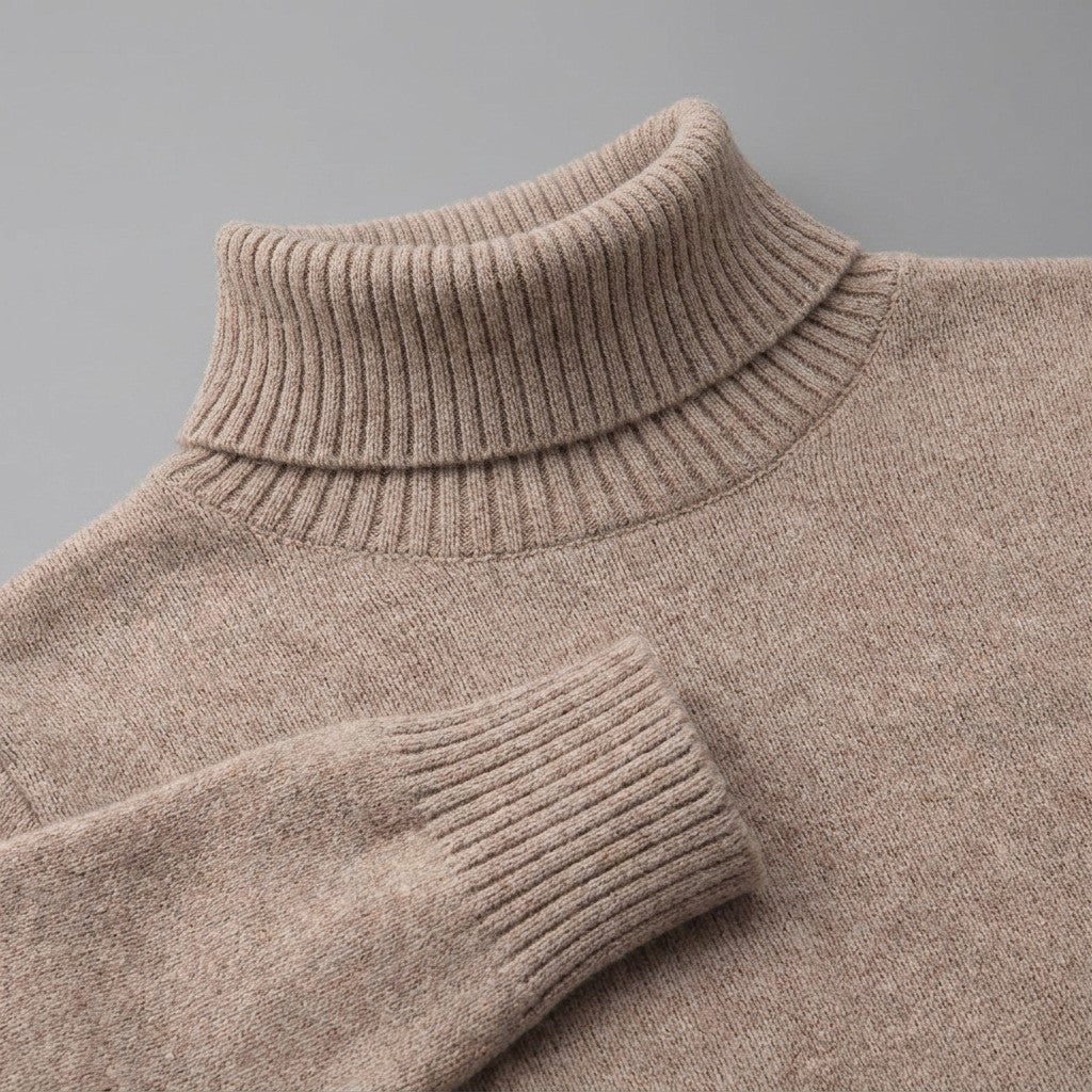 Macerata Merino Wool Turtleneck — Camel, close-up of the ribbed collar, knit and cuff