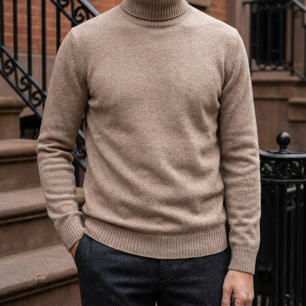 Macerata Merino Wool Turtleneck — Camel, worn on a brownstone stoop