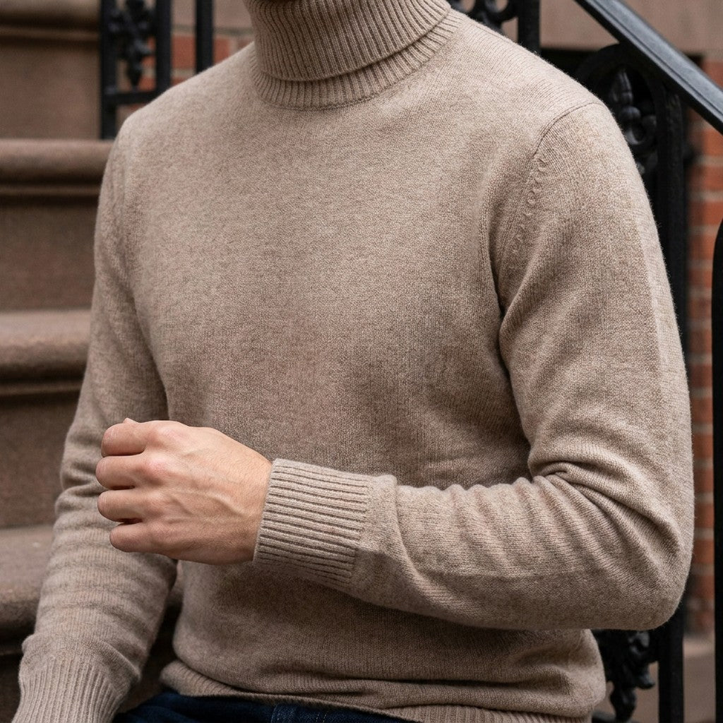 Macerata Merino Wool Turtleneck — Camel, worn close-up of the cuff and knit