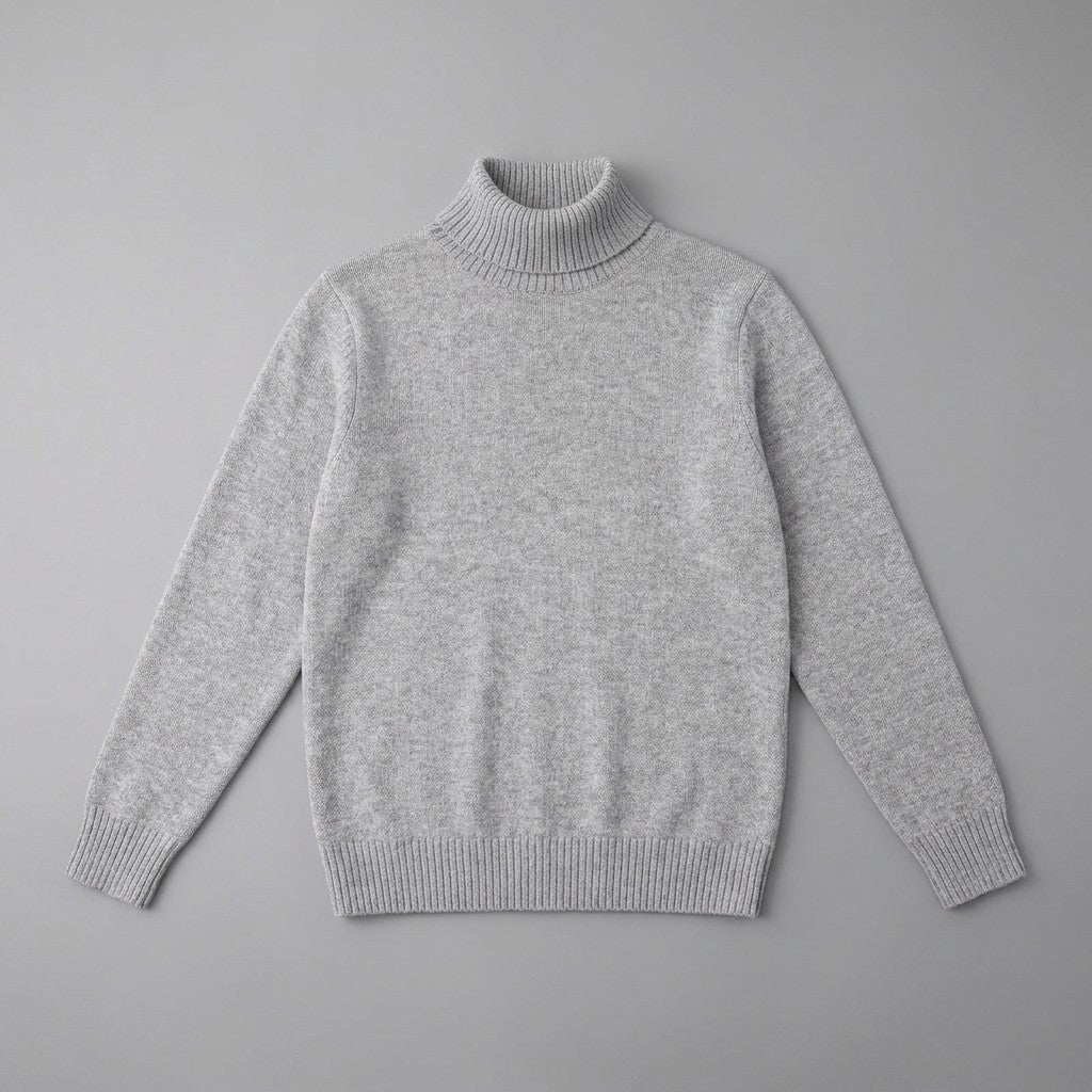 Macerata Merino Wool Turtleneck — Light Grey, front flat lay on grey