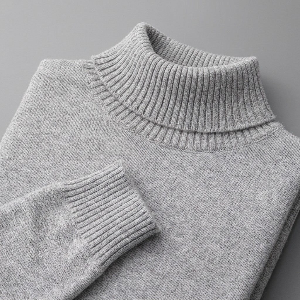 Macerata Merino Wool Turtleneck — Light Grey, close-up of the ribbed collar, knit and cuff