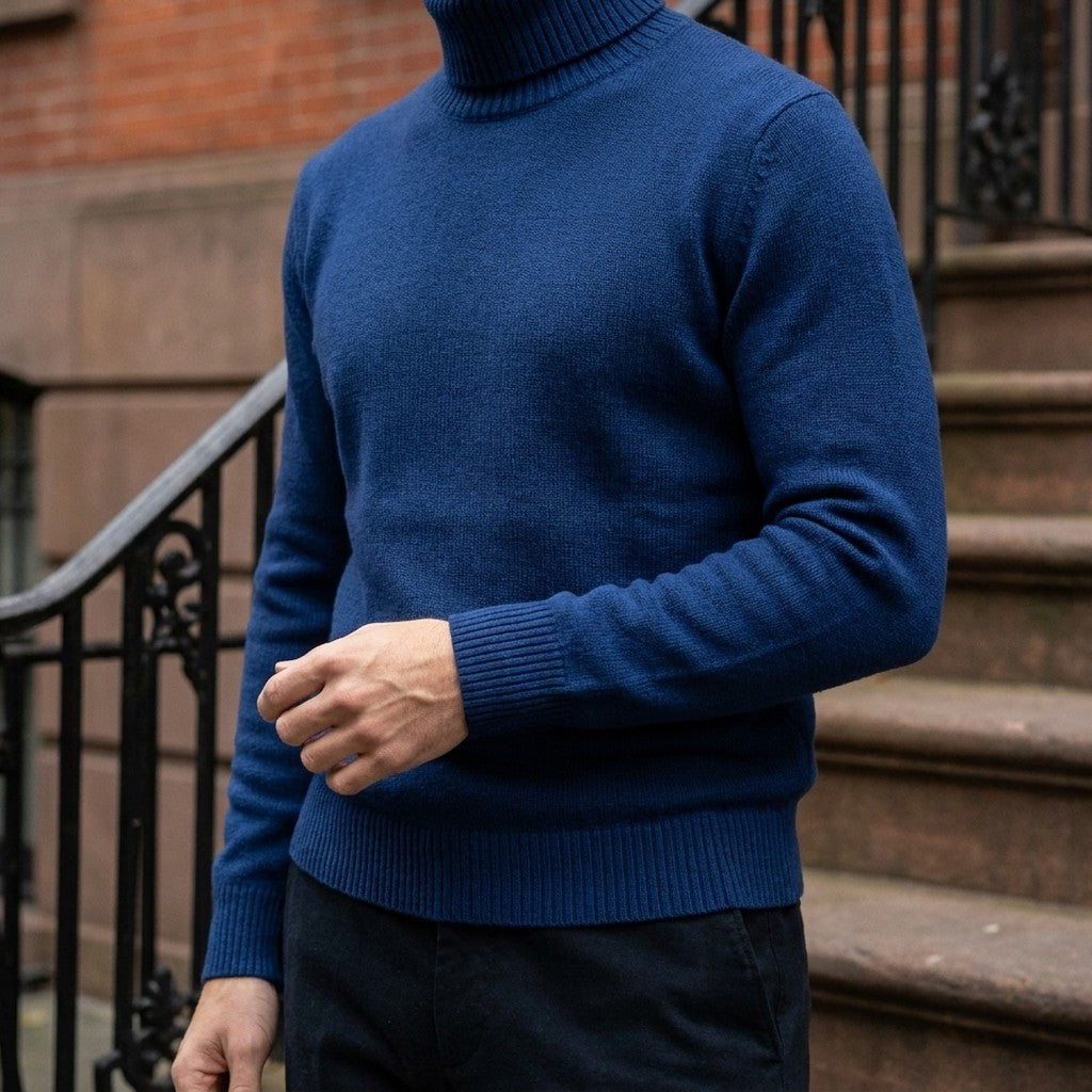 Macerata Merino Wool Turtleneck — Royal Blue, worn close-up of the cuff and knit