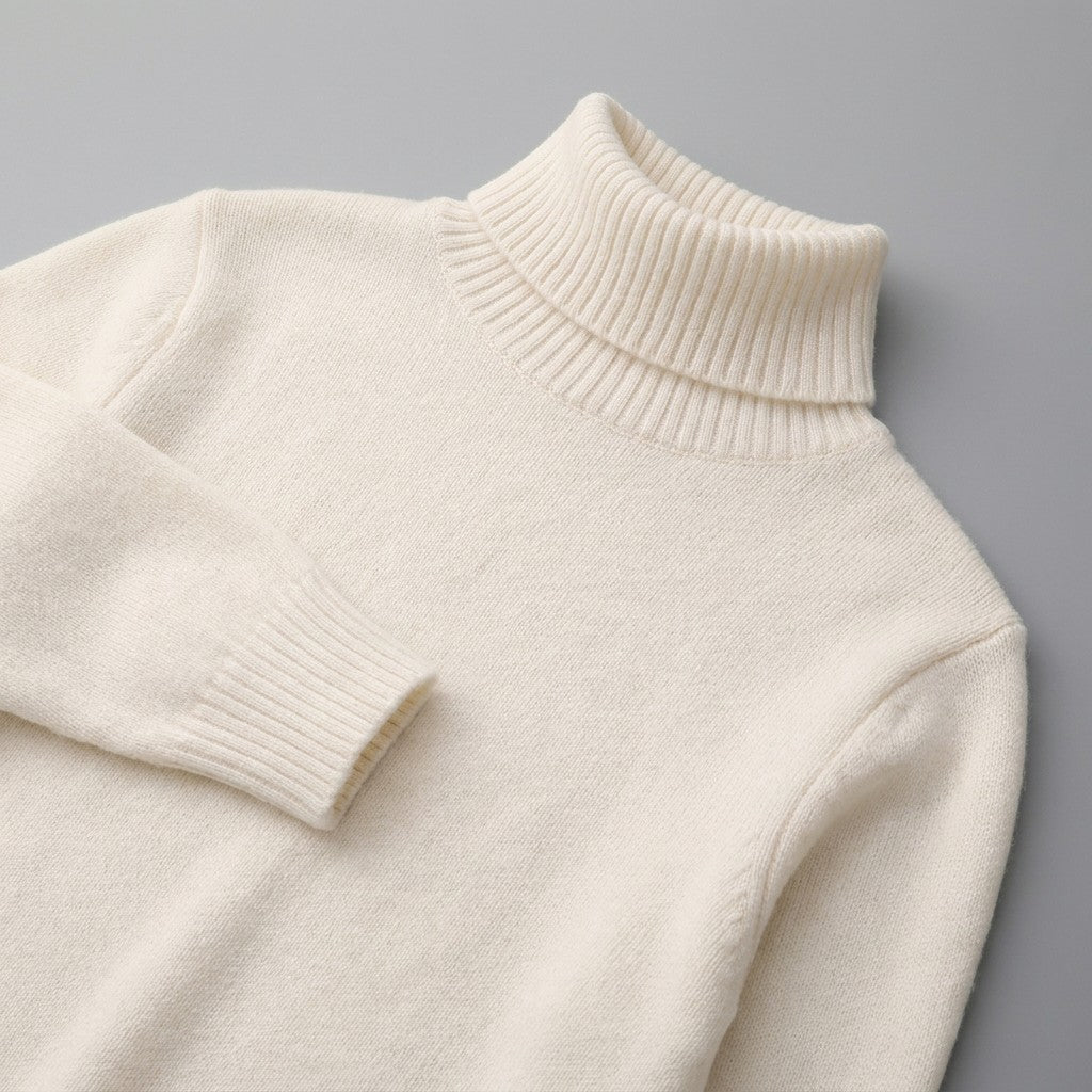 Macerata Merino Wool Turtleneck — Cream, close-up of the ribbed collar, knit and cuff