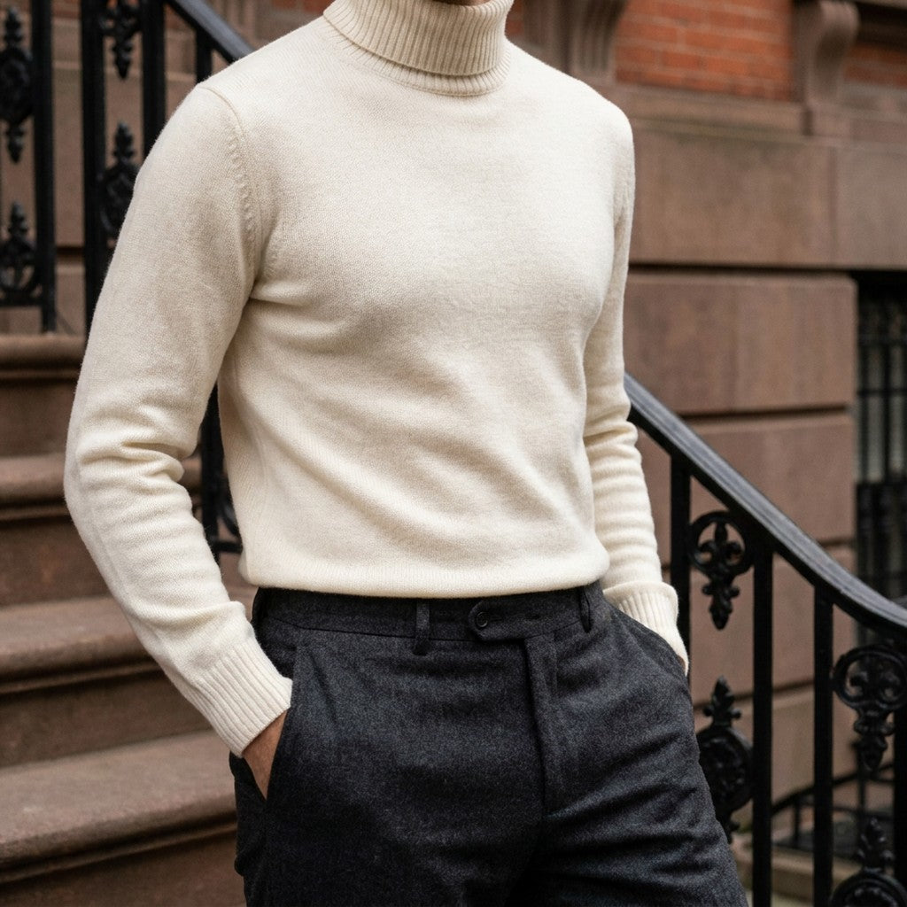 Macerata Merino Wool Turtleneck — Cream, worn on a brownstone stoop