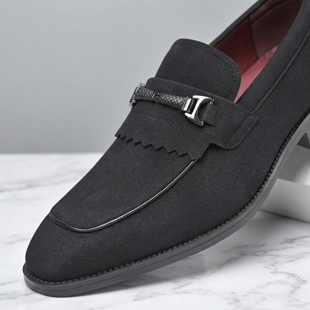 Maratea Kiltie Bit Loafers — Black, close-up of the bit, fringed kiltie and suede upper