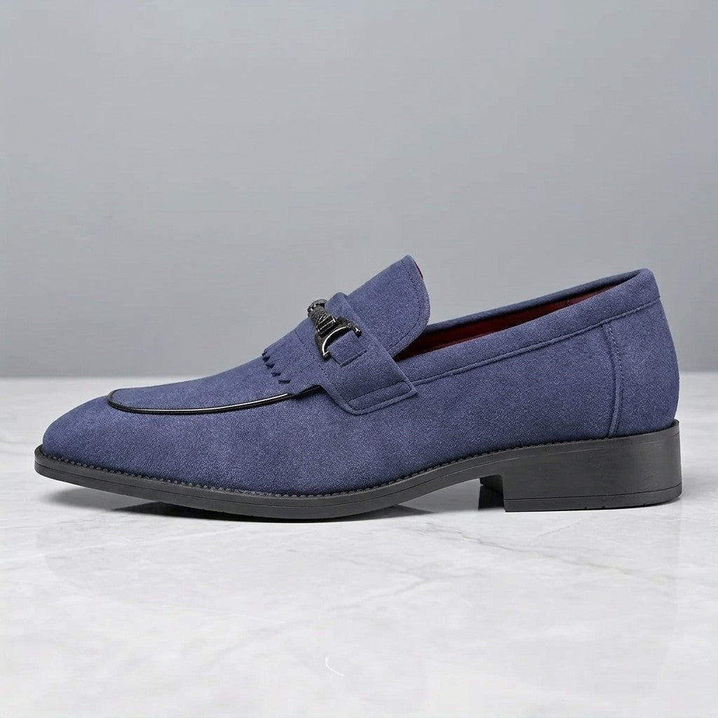 Maratea Kiltie Bit Loafers — Blue, single loafer in side profile on light grey marble