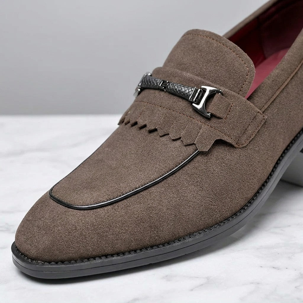 Maratea Kiltie Bit Loafers — Brown, close-up of the bit, fringed kiltie and suede upper