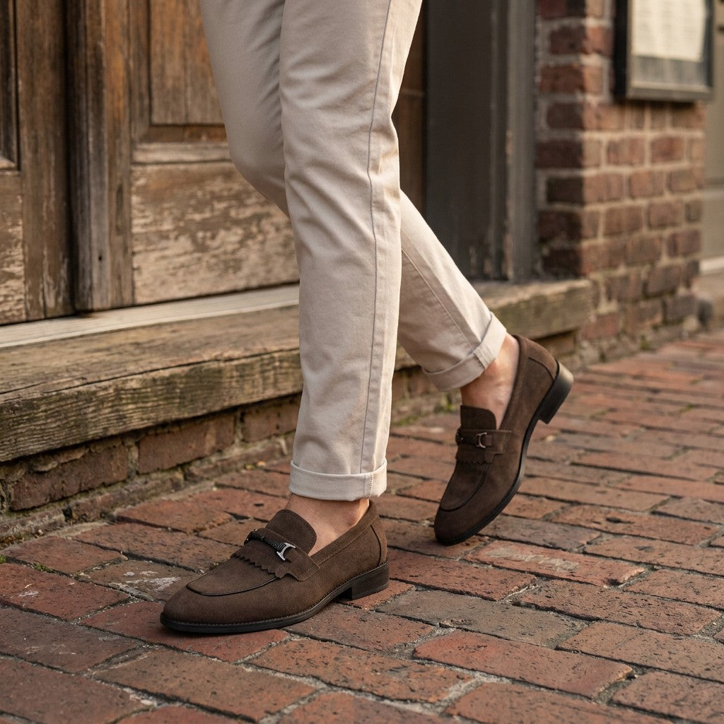 Maratea Kiltie Bit Loafers — Brown, worn with light chinos on a brick sidewalk
