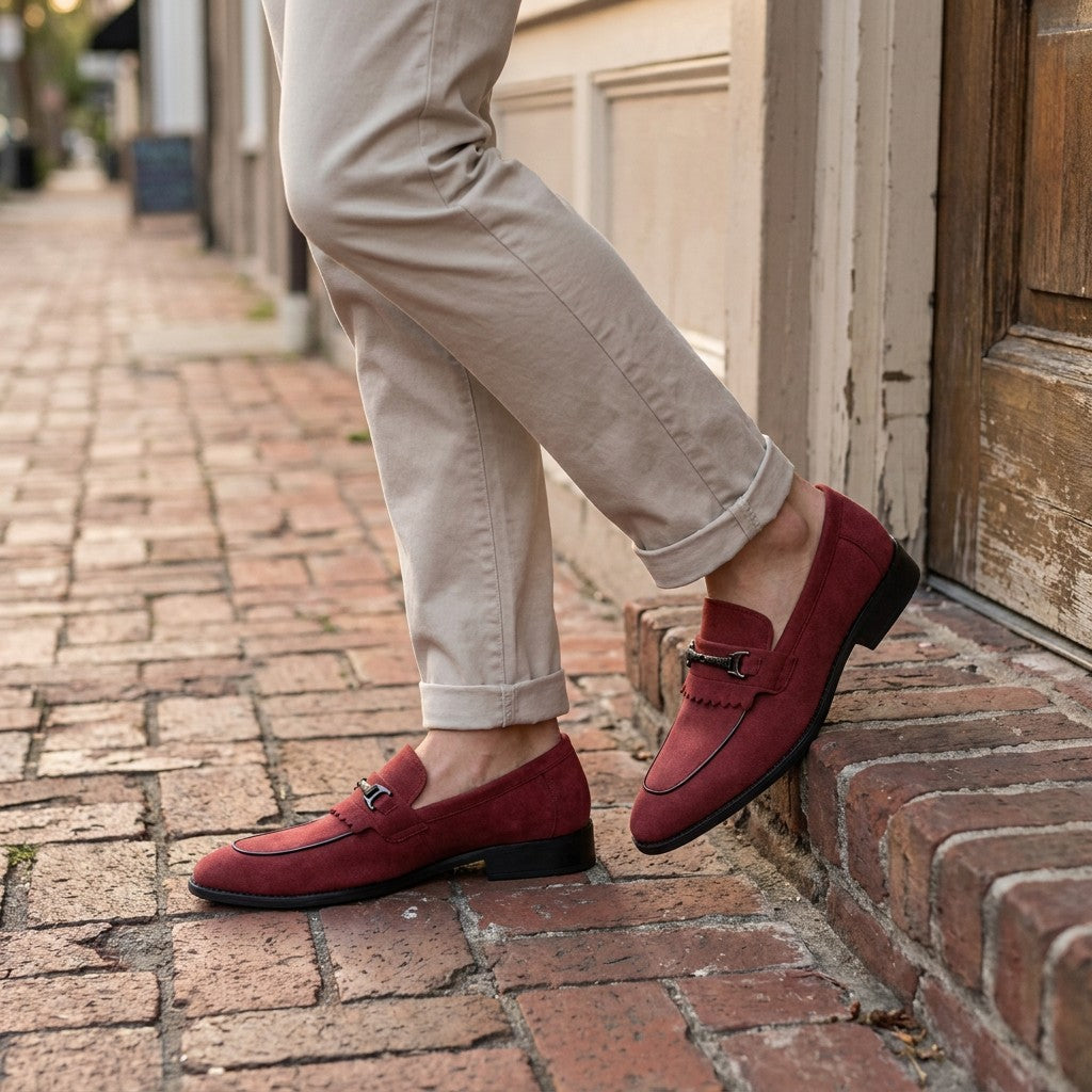 Maratea Kiltie Bit Loafers — Red, worn with light chinos on a brick sidewalk