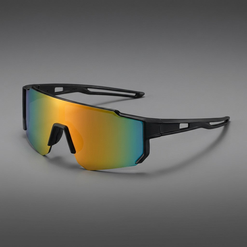 Marciana Sport Sunglasses — Black / Fire Mirror, three-quarter front view on a grey studio gradient