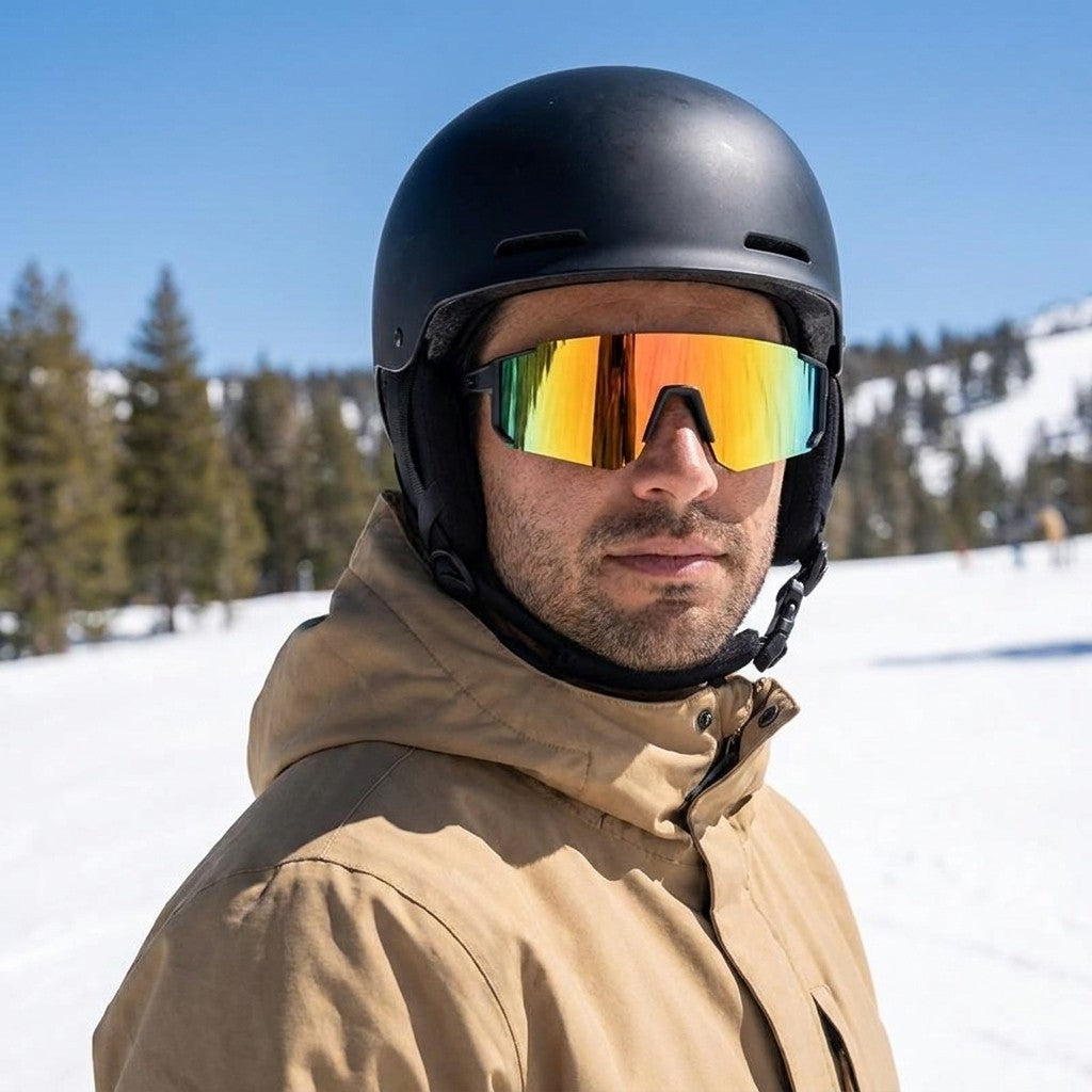 Marciana Sport Sunglasses — Black / Fire Mirror, worn by a man in a helmet snowboarding sunny spring snow at Mammoth