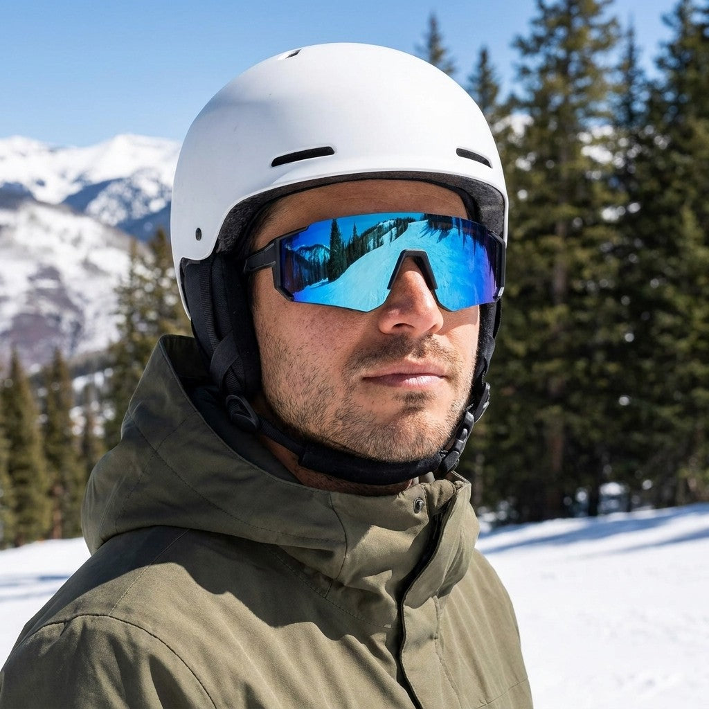 Marciana Sport Sunglasses — Black / Ice Blue Mirror, worn by a man in a helmet snowboarding a sunny spring slope in Vail