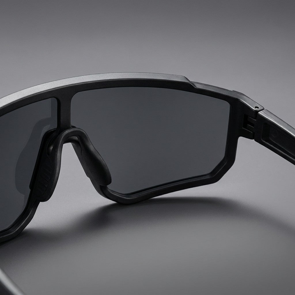 Marciana Sport Sunglasses — Black / Smoke, close-up of the nose bridge and lens corner