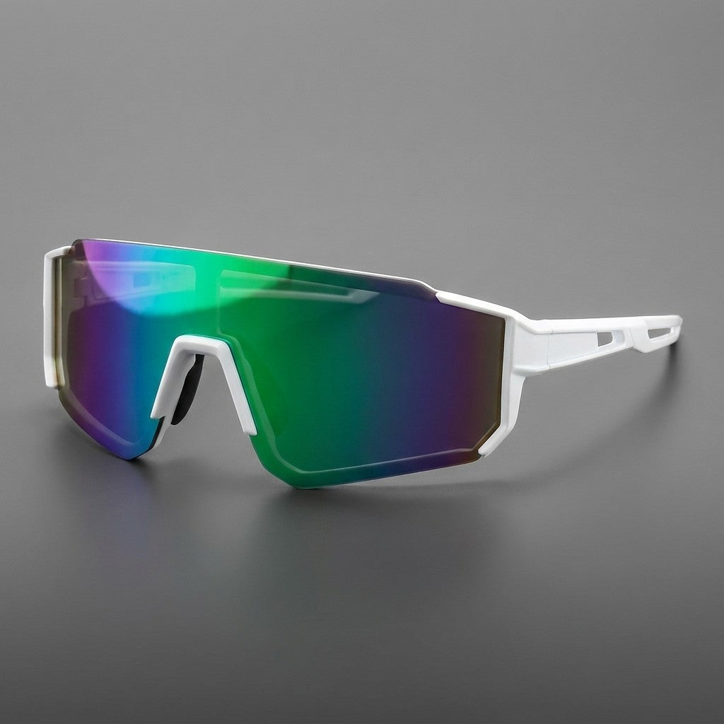 Marciana Sport Sunglasses — White / Emerald Mirror, three-quarter front view on a grey studio gradient