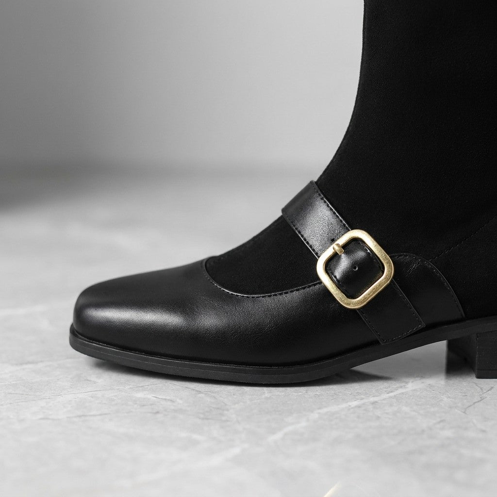 Sondrio Buckled Ankle Boots — Black, close-up of the outer-side strap and gold pin buckle