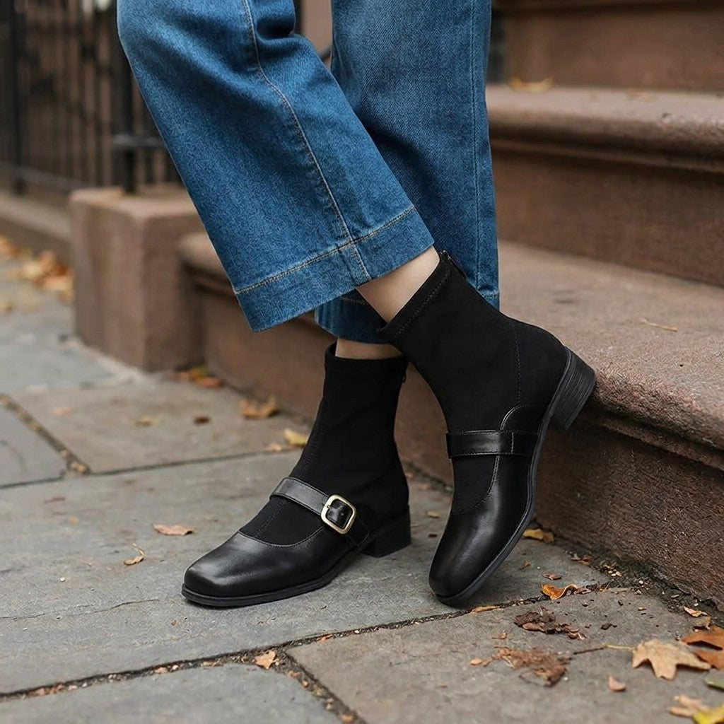 Sondrio Buckled Ankle Boots — Black, worn by a woman, knee down, on a Brooklyn brownstone sidewalk