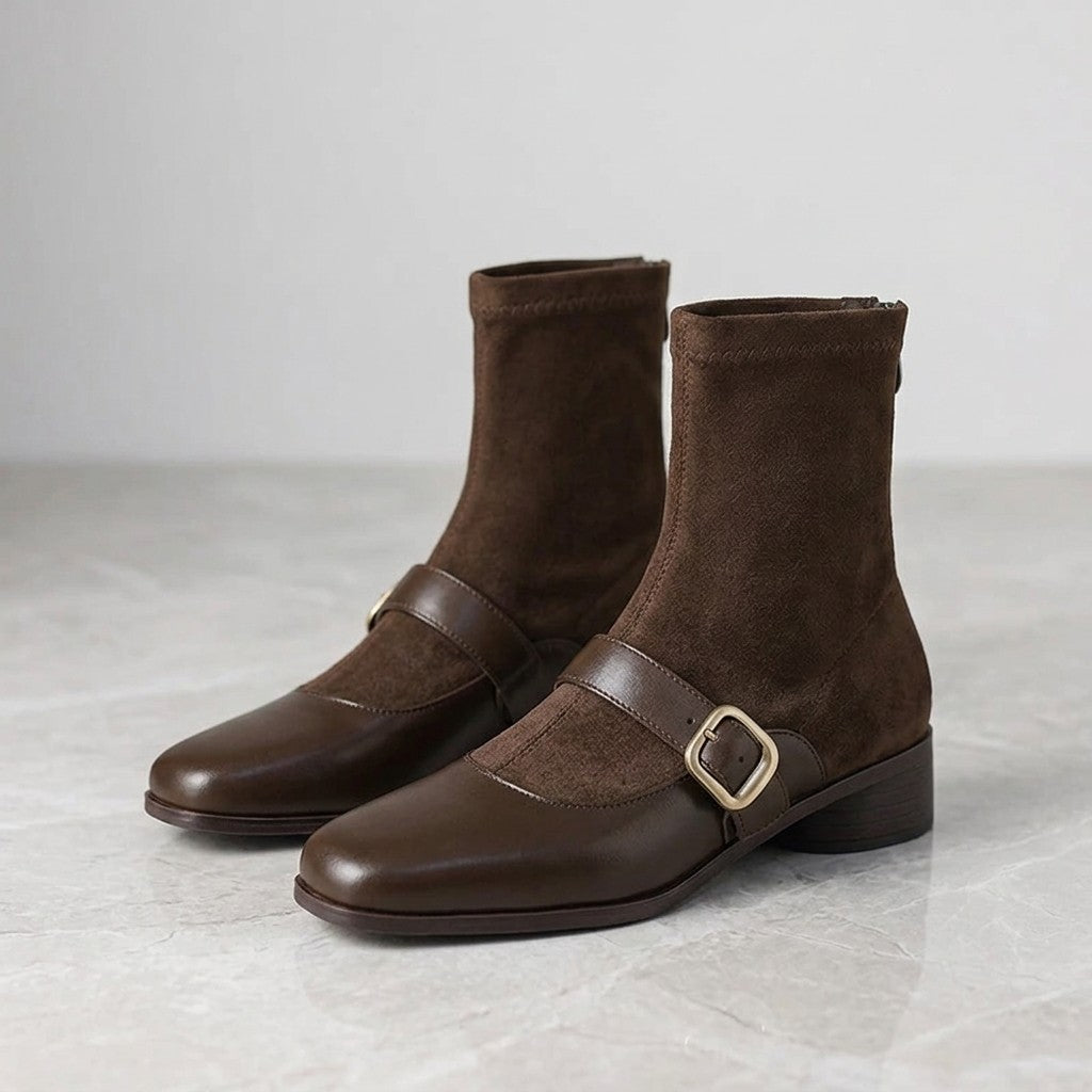 Sondrio Buckled Ankle Boots — Chocolate Brown, pair, three-quarter studio view on grey marble