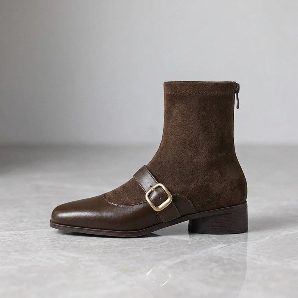 Sondrio Buckled Ankle Boots — Chocolate Brown, single boot, side profile on grey marble