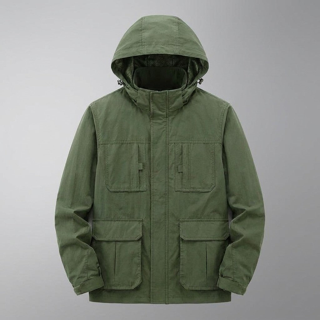 Viterbo Hooded Cargo Jacket for men in Army Green, laid flat, front view with hood, front zip and four flap pockets