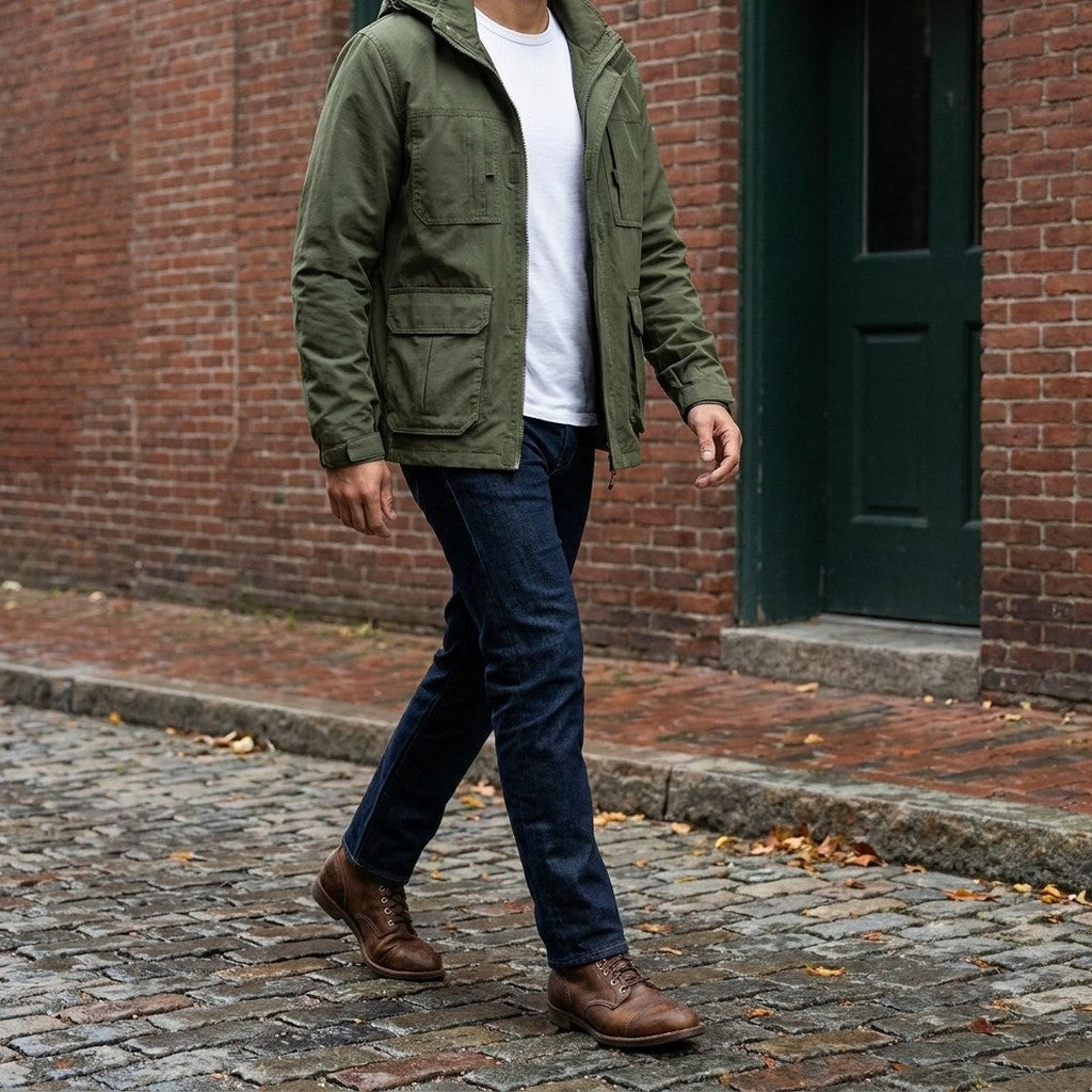 Full outfit: Viterbo Hooded Cargo Jacket in Army Green with dark jeans and brown boots, walking on a cobblestone street
