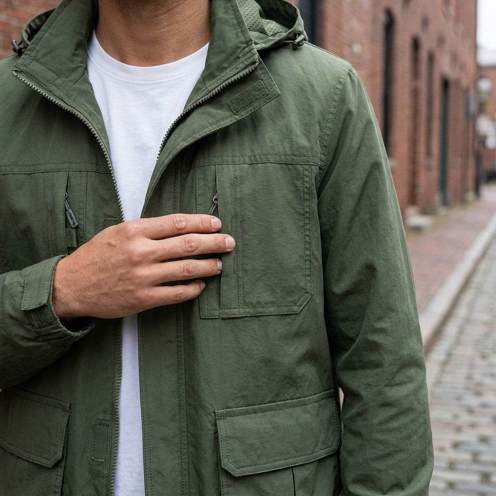 Close-up of the Viterbo Hooded Cargo Jacket in Army Green worn over a white tee, showing the stand collar, hood and velcro chest pockets