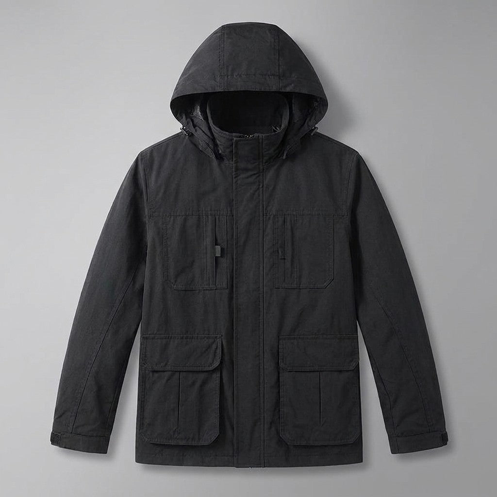 Viterbo Hooded Cargo Jacket for men in Black, laid flat, front view with hood, front zip and four flap pockets