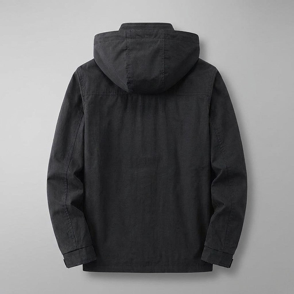 Viterbo Hooded Cargo Jacket for men in Black, laid flat, back view with hood