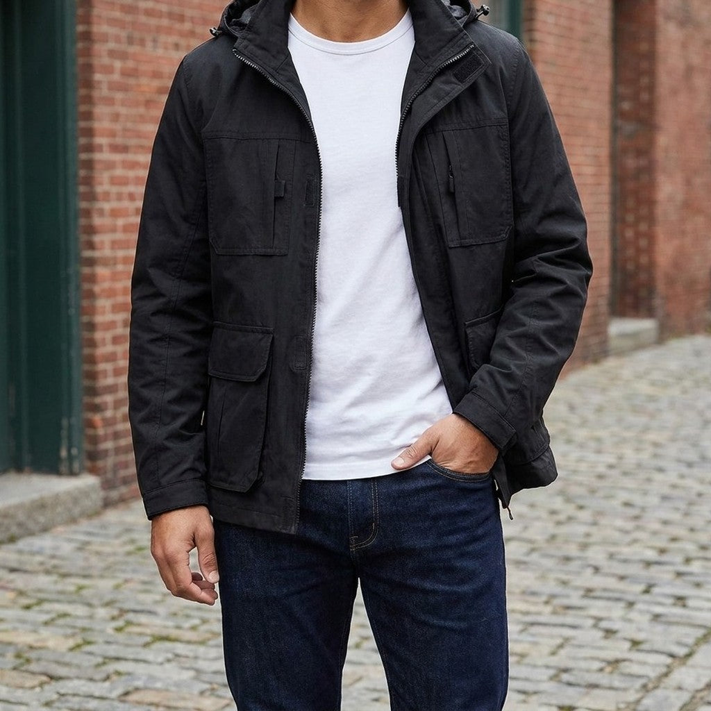 Man wearing the Viterbo Hooded Cargo Jacket in Black open over a white tee on a brick-lined street